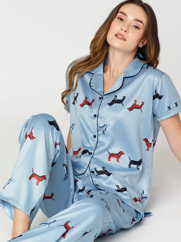 Womens Satin Night Suit Blue Animal Printed Shirt & Pajama