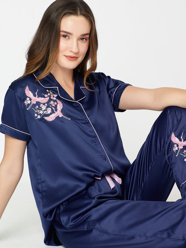 Womens Satin Night Suit Navy Blue Floral Embroidery Shirt & Pajama