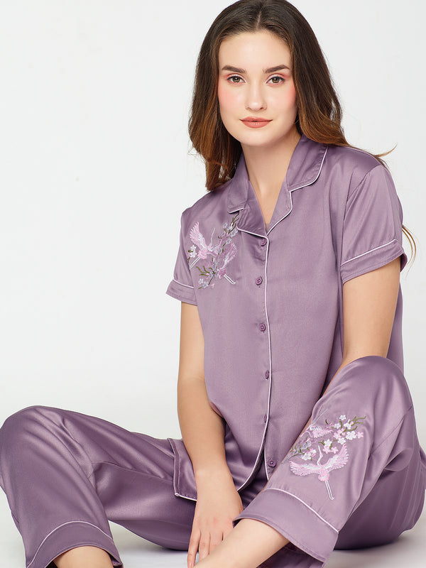 Womens Satin Night Suit Lily Purple Floral Embroidery Shirt & Pajama