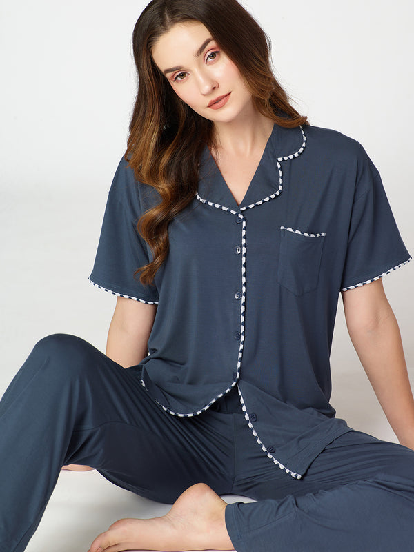Womens Modal Night Suit Blue Solid Plain Shirt & Pajama