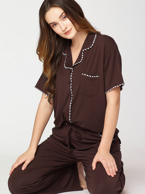 Womens Modal Night Suit Brown Solid Plain Shirt & Pajama