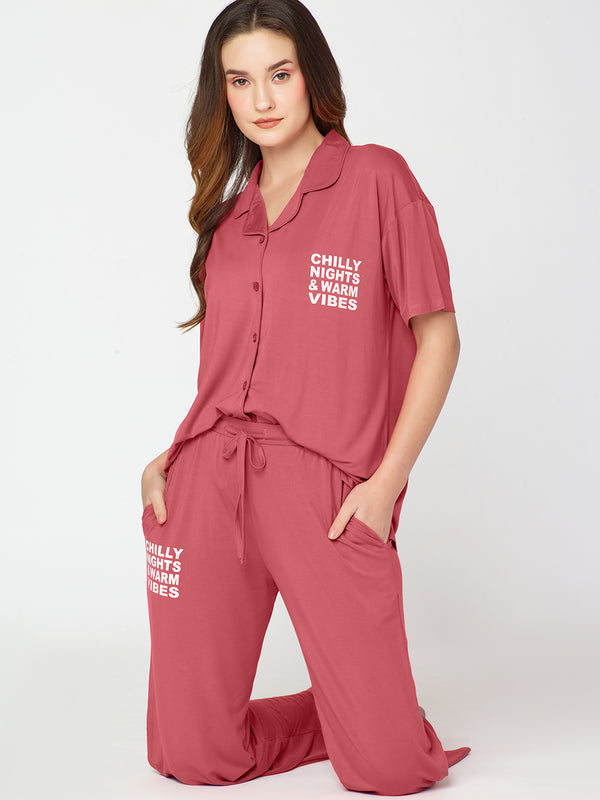 Womens Modal Night Suit Rust Printed Shirt & Pajama