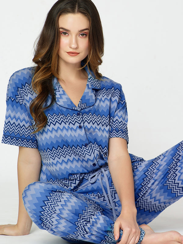 Womens Modal Night Suit Blue Strip Printed Shirt & Pajama