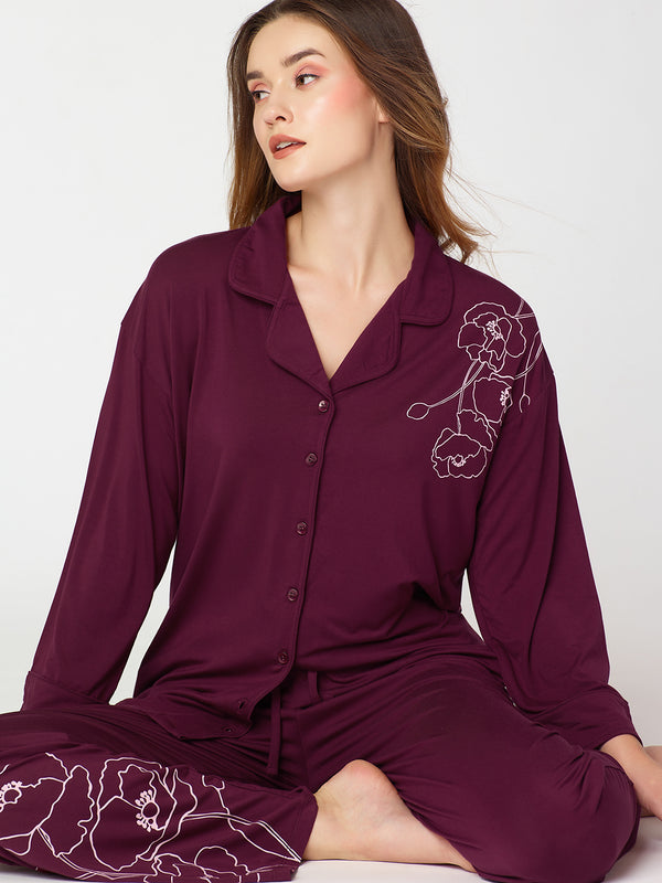 Womens Modal Night Suit Wine Floral Printed Shirt & Pajama