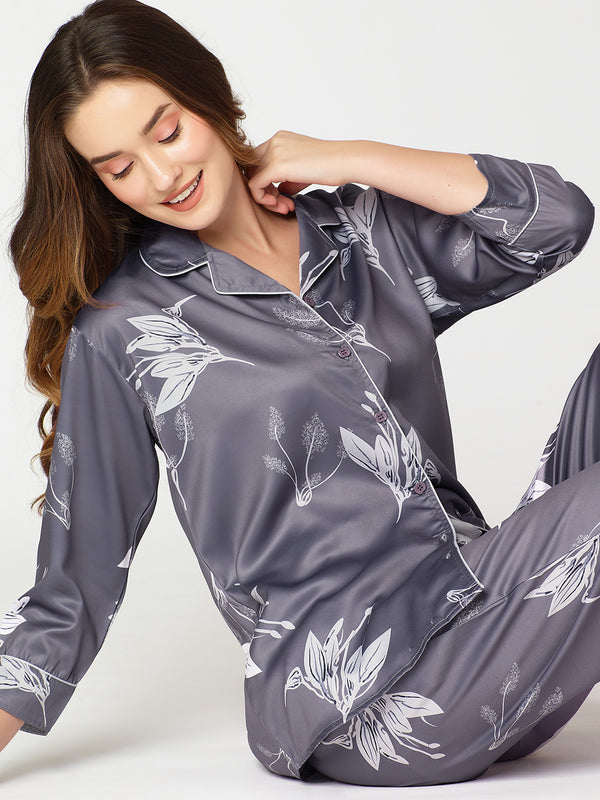 Womens Satin Night Suit Grey Floral Printed Shirt & Pajama