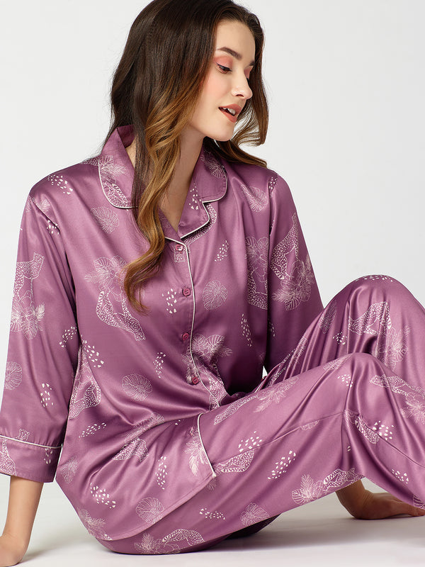Womens Satin Night Suit Purple Floral Printed Shirt & Pajama