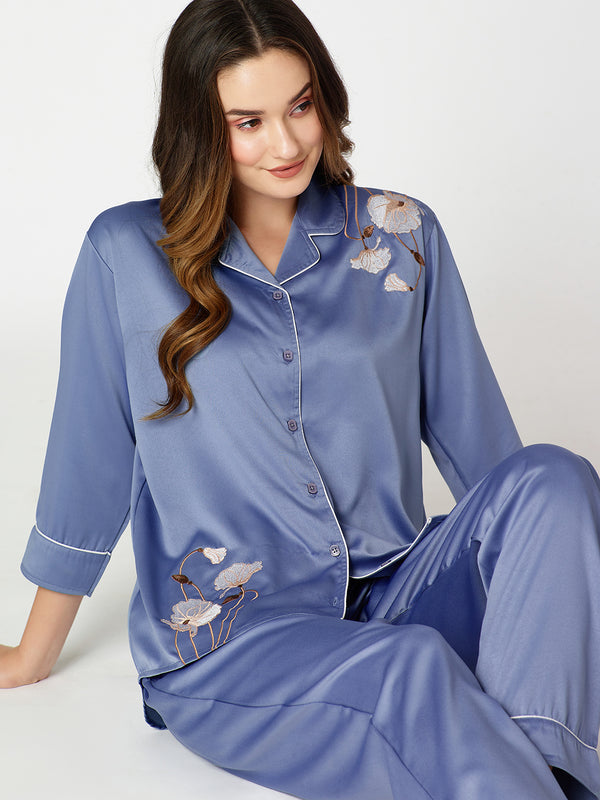 Womens Satin Night Suit Blue Floral Embroidery Shirt & Pajama
