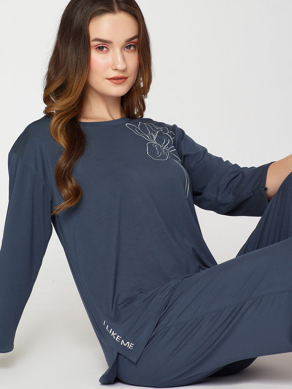 Womens Modal Night Suit Dark Blue Solid Top & Pajama