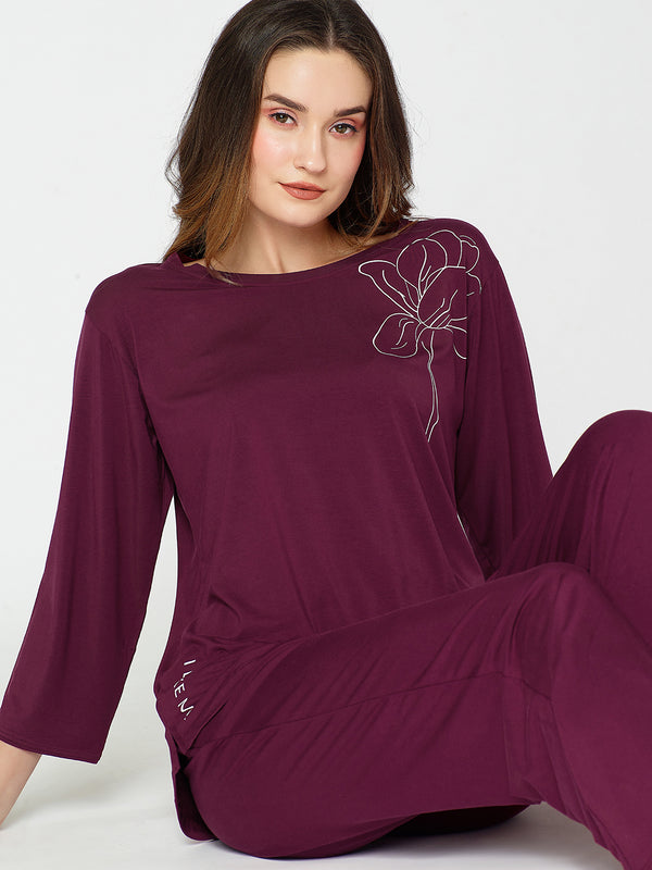 Womens Modal Night Suit Wine Solid Top & Pajama