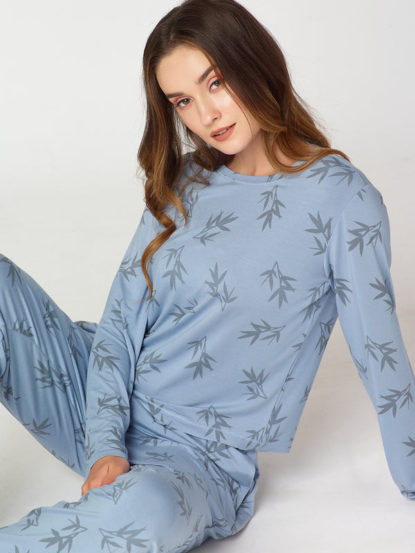 Womens Modal Night Suit Blue Leaf Printed Top & Pajama