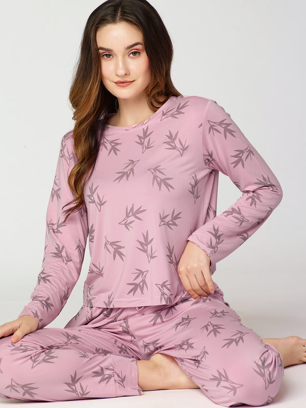 Womens Modal Night Suit Pink Leaf Printed Top & Pajama