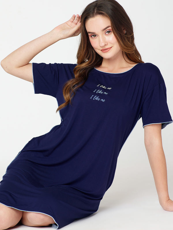 Women's Modal Cotton Nightdress Solid Plain Navy Blue Short Slips