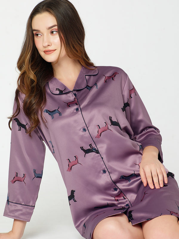 Women's Satin Nightdress Animal Printed Purple Slipshirt