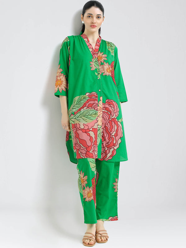 i like me womens cotton green floral printed kurti & pajama co ords set