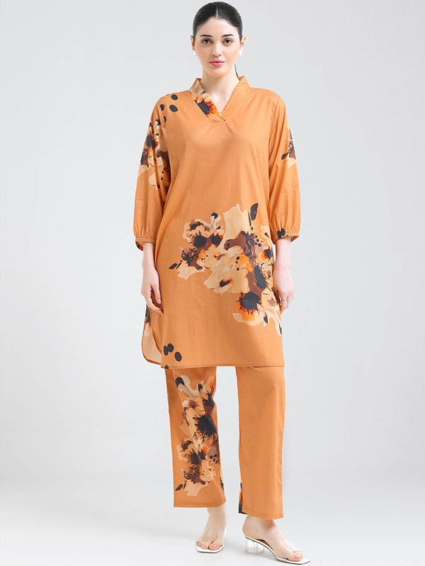 i like me womens cotton peach floral printed kurti & pajama co ords set