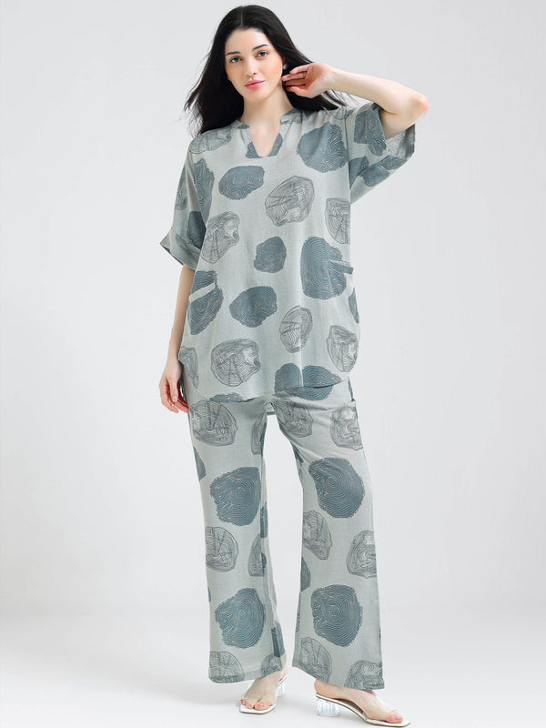 i like me womens linen blue abstract printed shirt & pajama co ords set 9