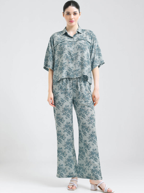 i like me womens linen blue floral printed shirt & pajama co ords set