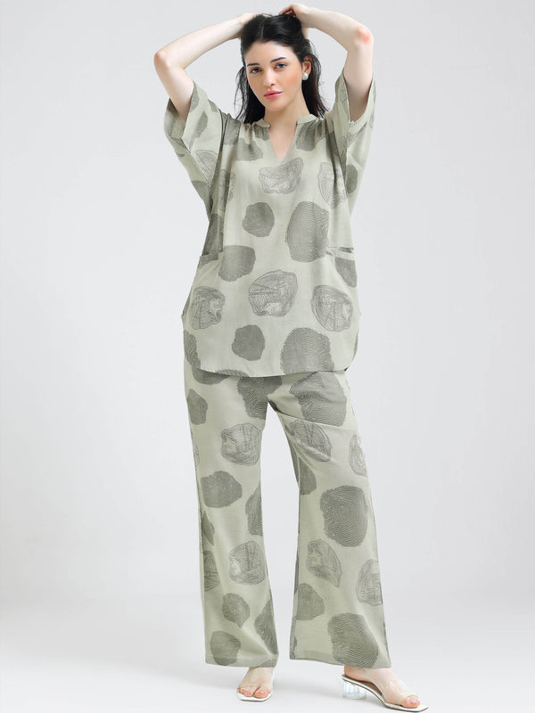 i like me womens linen olive abstract printed shirt & pajama co ords set