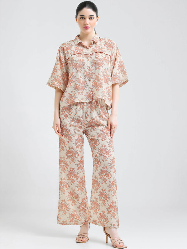 i like me womens linen peach floral printed shirt & pajama co ords set