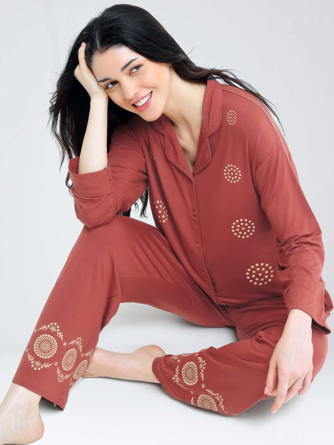 i like me womens modal brown geomatric printed shirt & pajama night suit for women