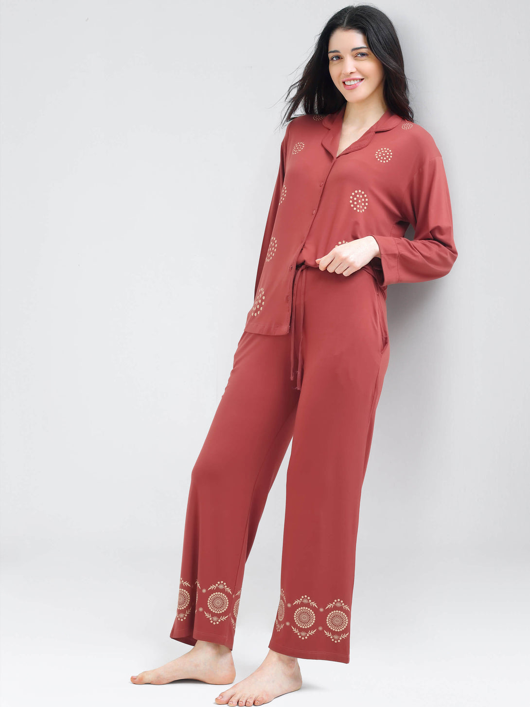 i like me womens modal brown geomatric printed shirt & pajama night suit for women