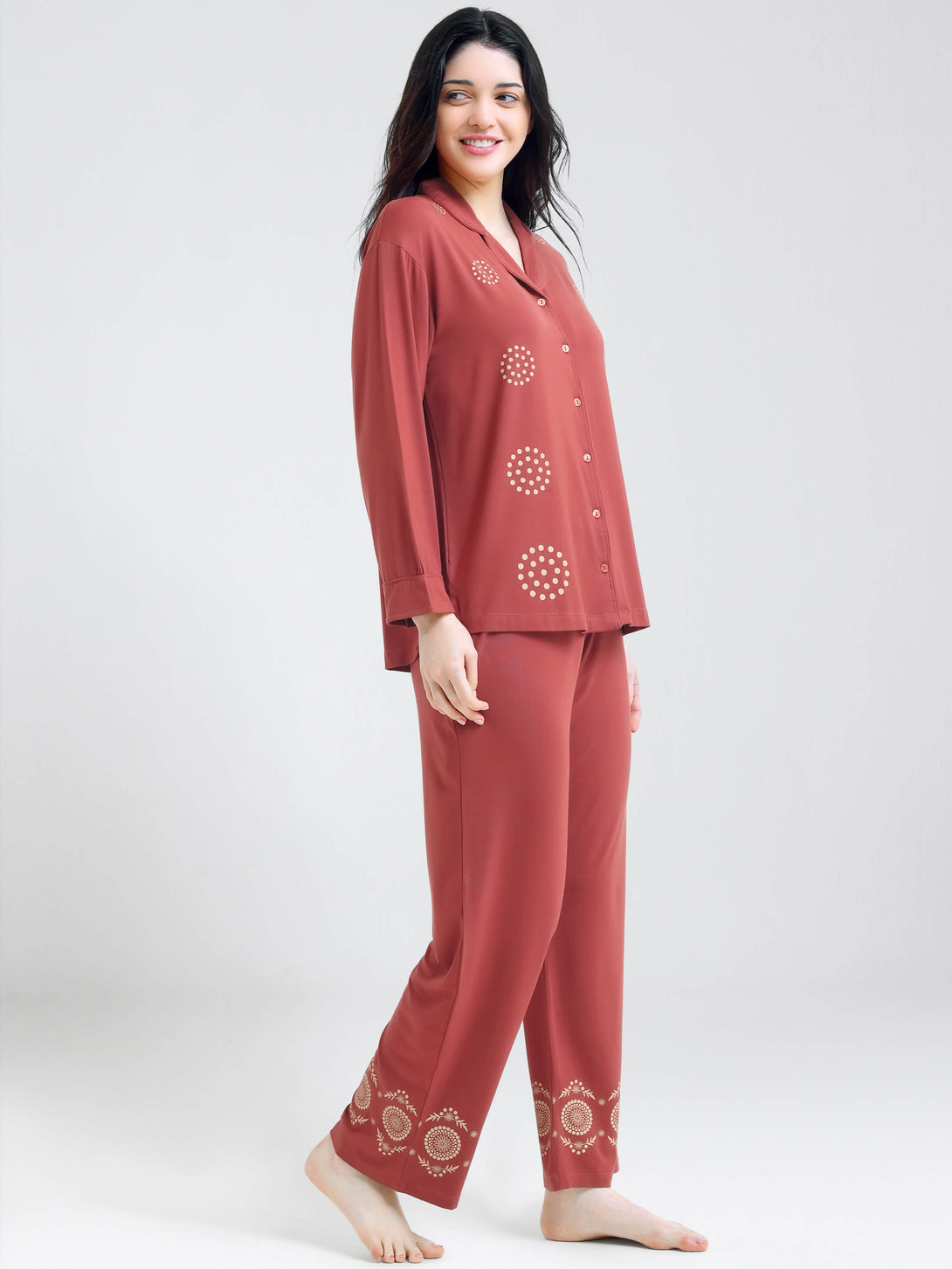 i like me womens modal brown geomatric printed shirt & pajama night suit for women