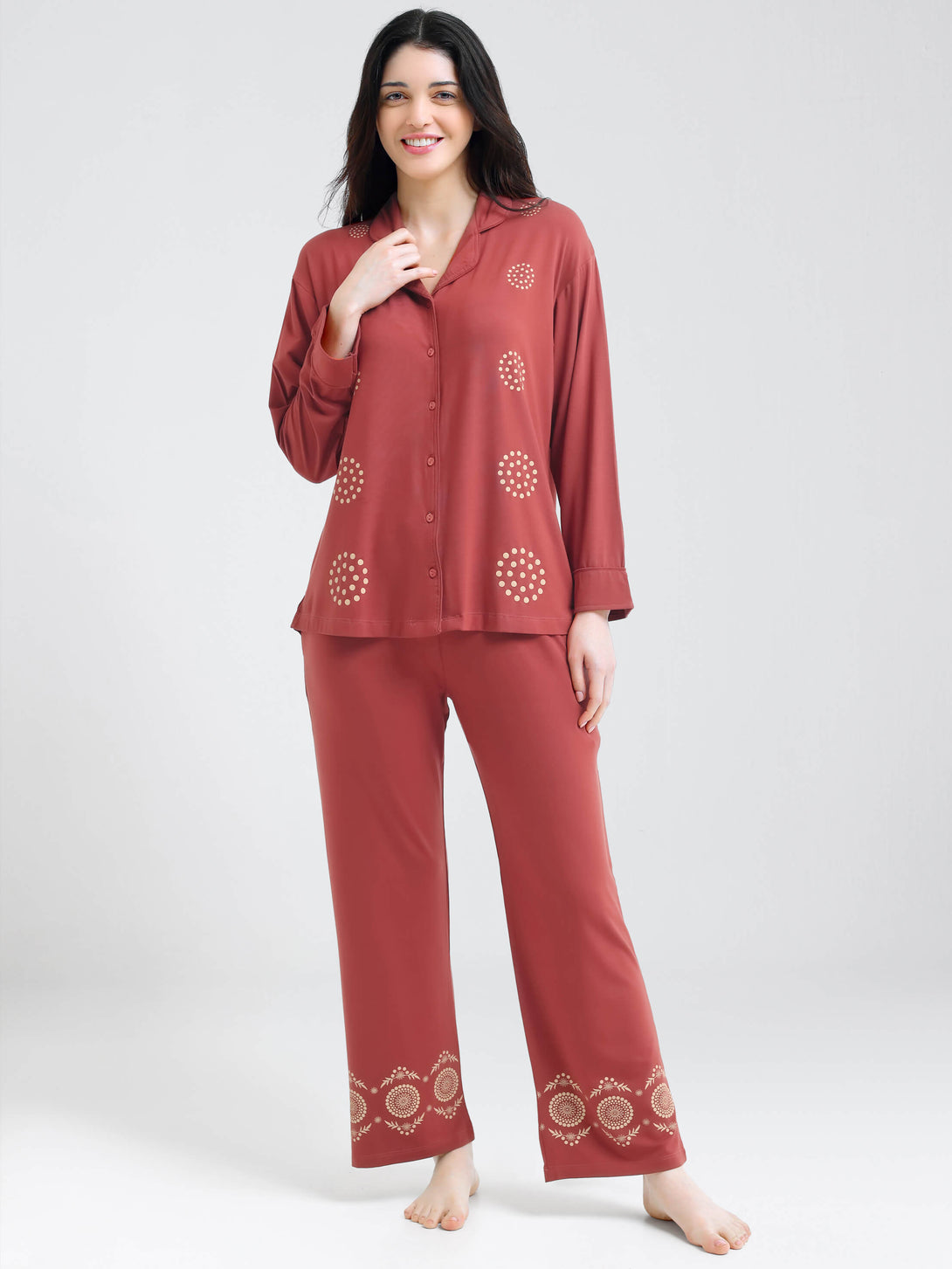 i like me womens modal brown geomatric printed shirt & pajama night suit for women