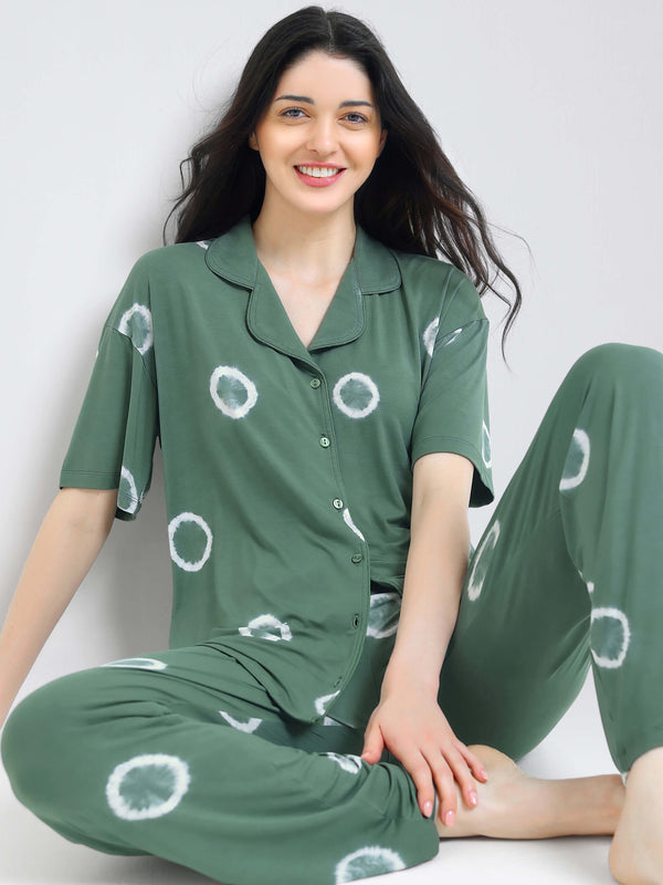 i like me womens modal green geometric printed shirt & pajama night suit for women