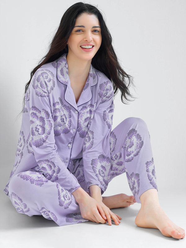 i like me womens modal lavender floral printed shirt & pajama night suit for women