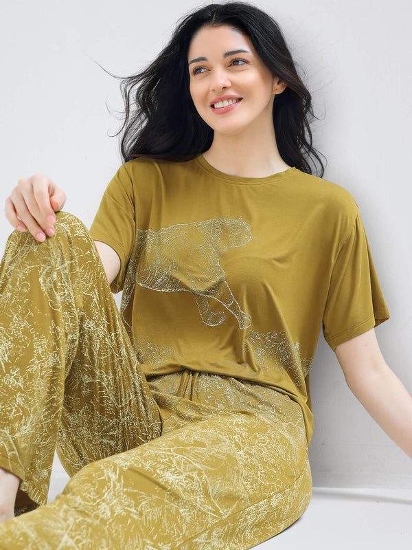 i like me womens modal mustard yellow animal printed top & pajama night suit for women