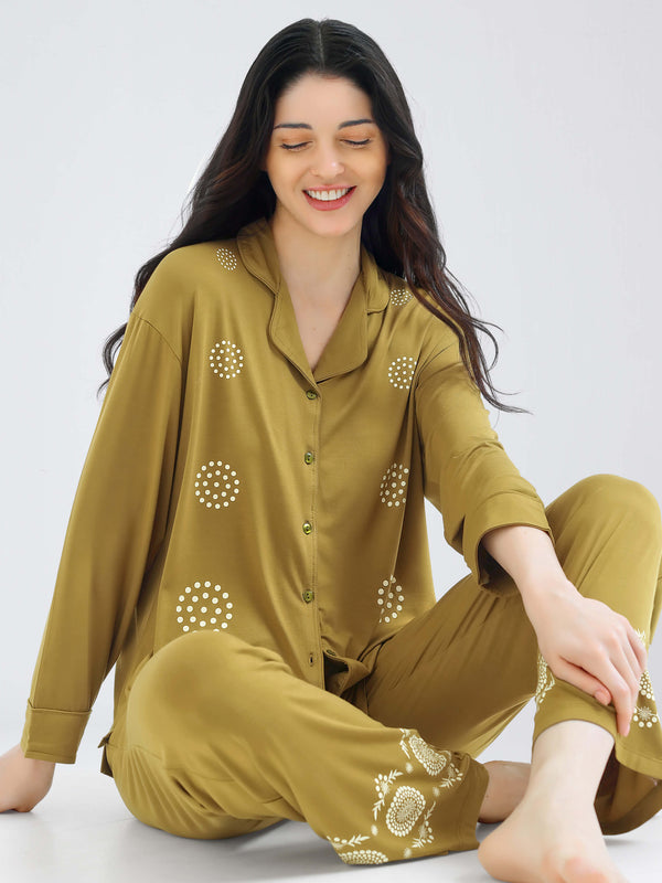 i like me womens modal mustard yellow geometric printed shirt & pajama night suit for women