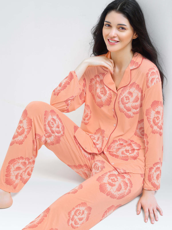 i like me womens modal peach floral printed shirt & pajama night suit for women for women