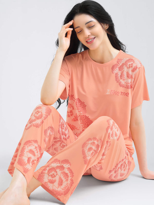 i like me womens modal peach floral printed top & pajama night suit for women