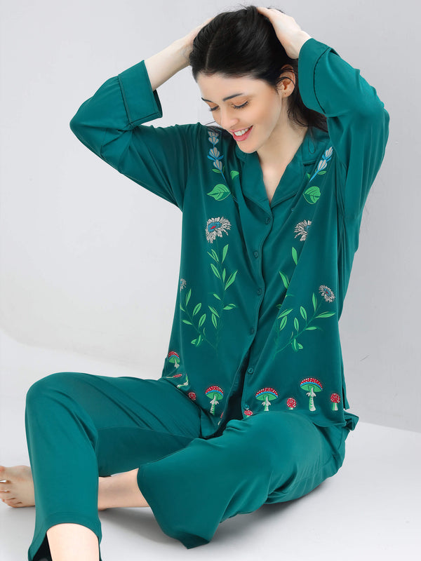 i like me womens modal teal green floral printed shirt & pajama night suit for women